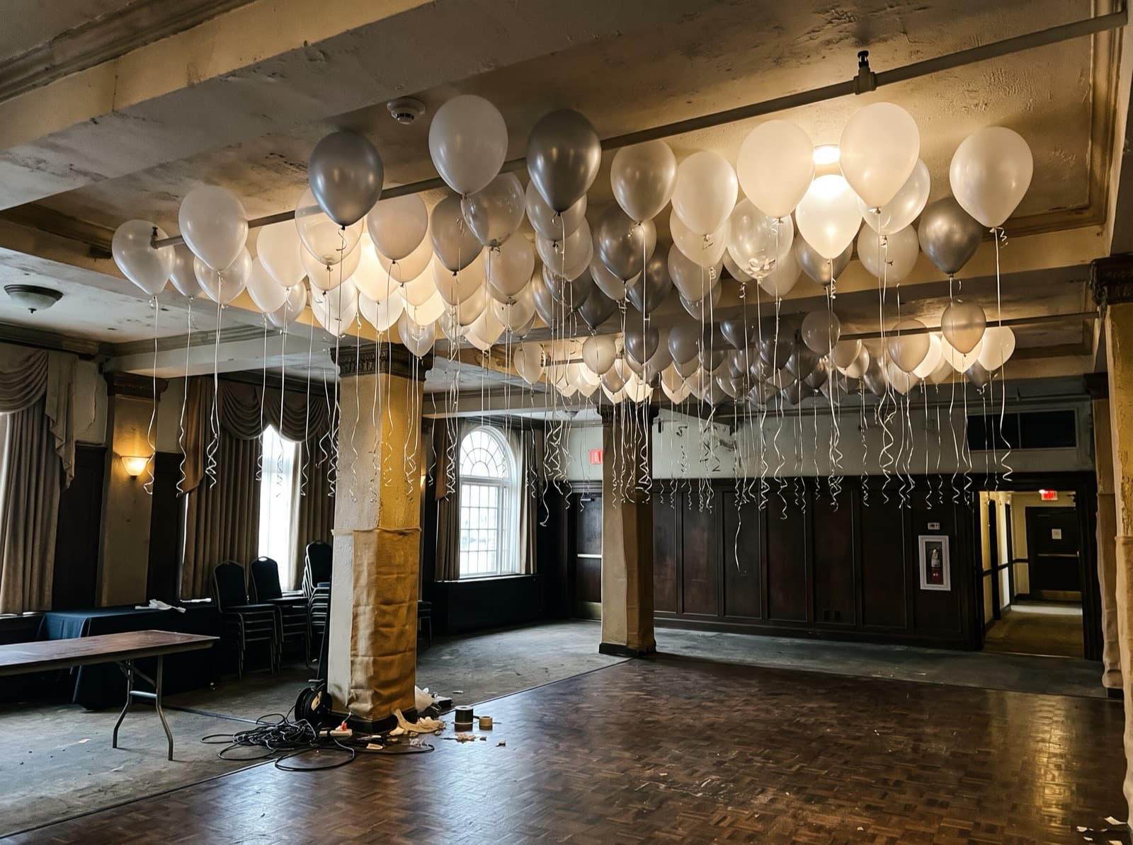 Balloon ceiling over a hotel ballroom dance floor