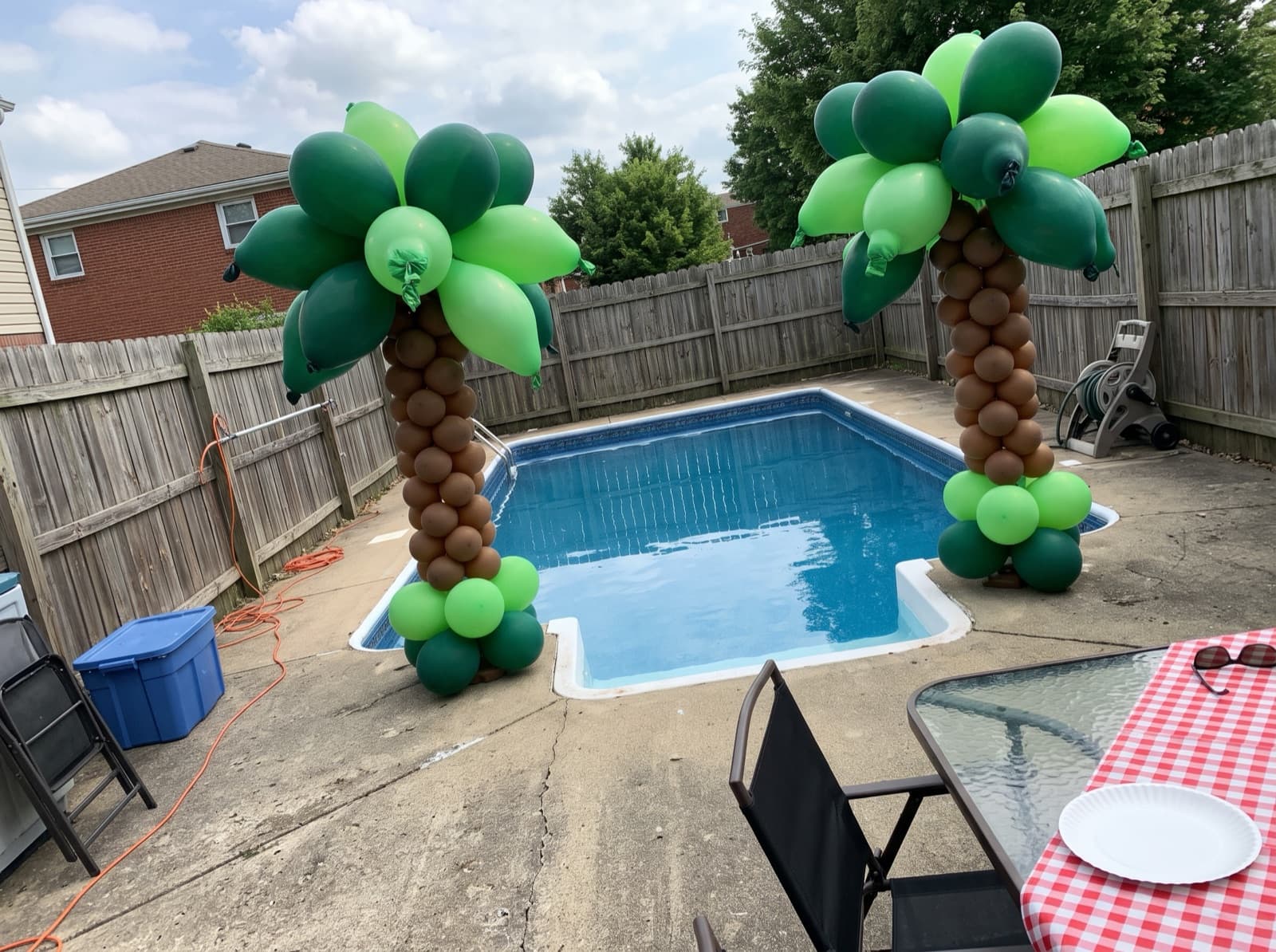 Balloon palm trees beside a backyard pool