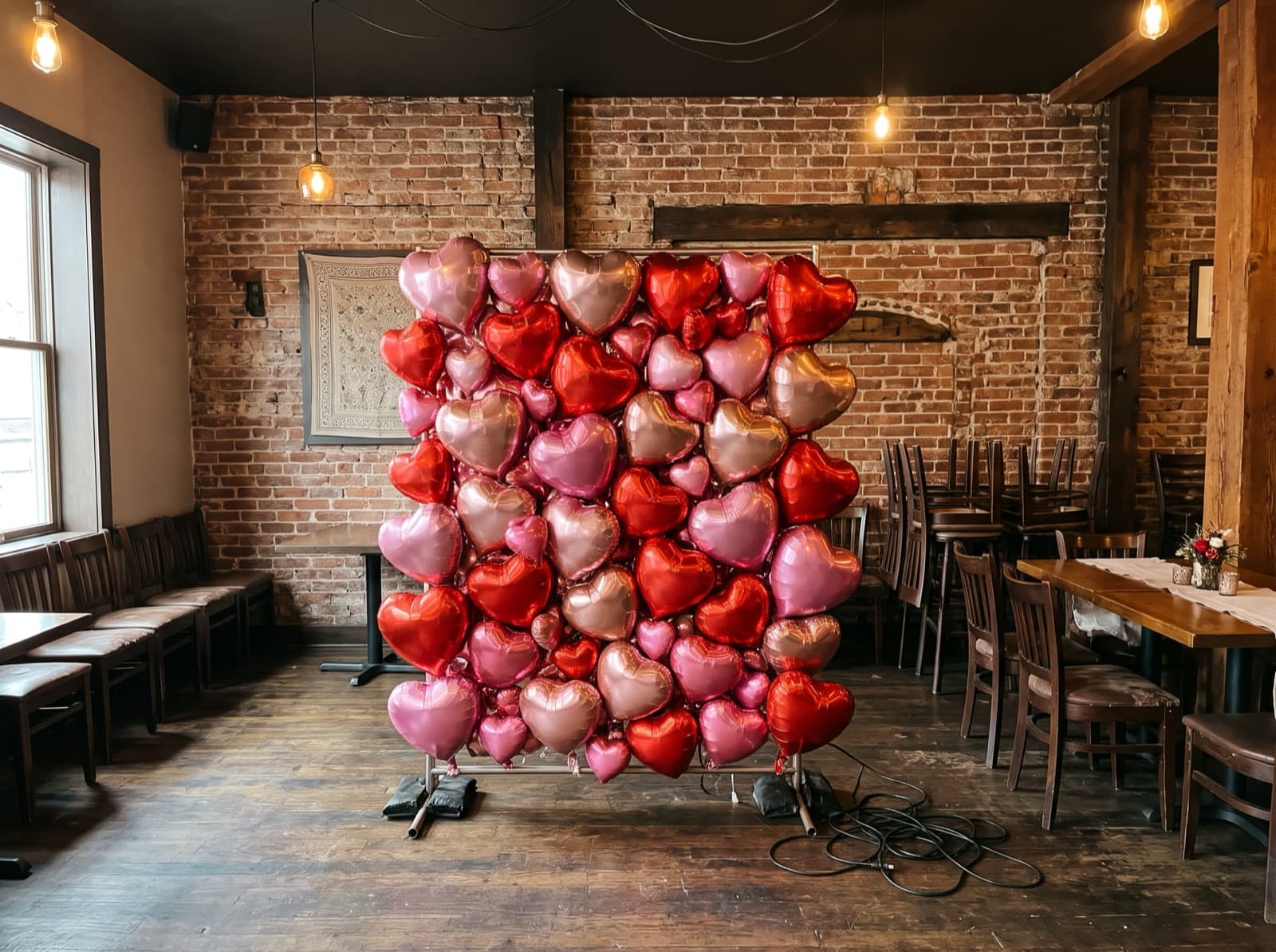 Foil heart balloon wall in red, pink and rose gold